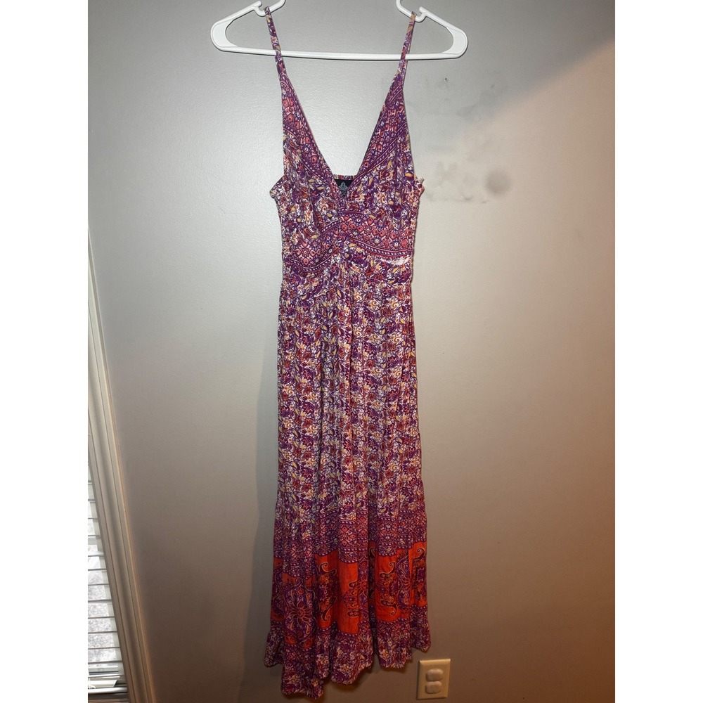 Angie Womens Purple Orange Paisley Floral Smocked Back Tiered Maxi Dress Large